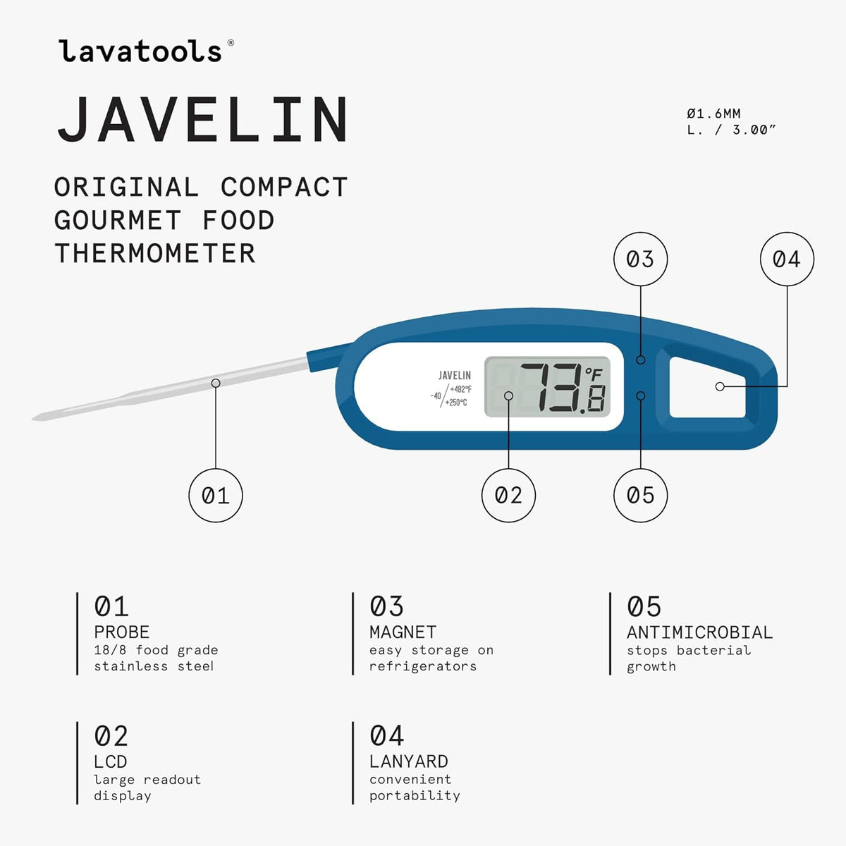 Lavatools Javelin® Ultra-Fast 3-Second Digital Instant Read Meat Thermometer for Grill and Cooking, 2.75" Probe, Compact Foldable Design, Large Display, IP65 Water Resistant, NSF Certified – Tangerine