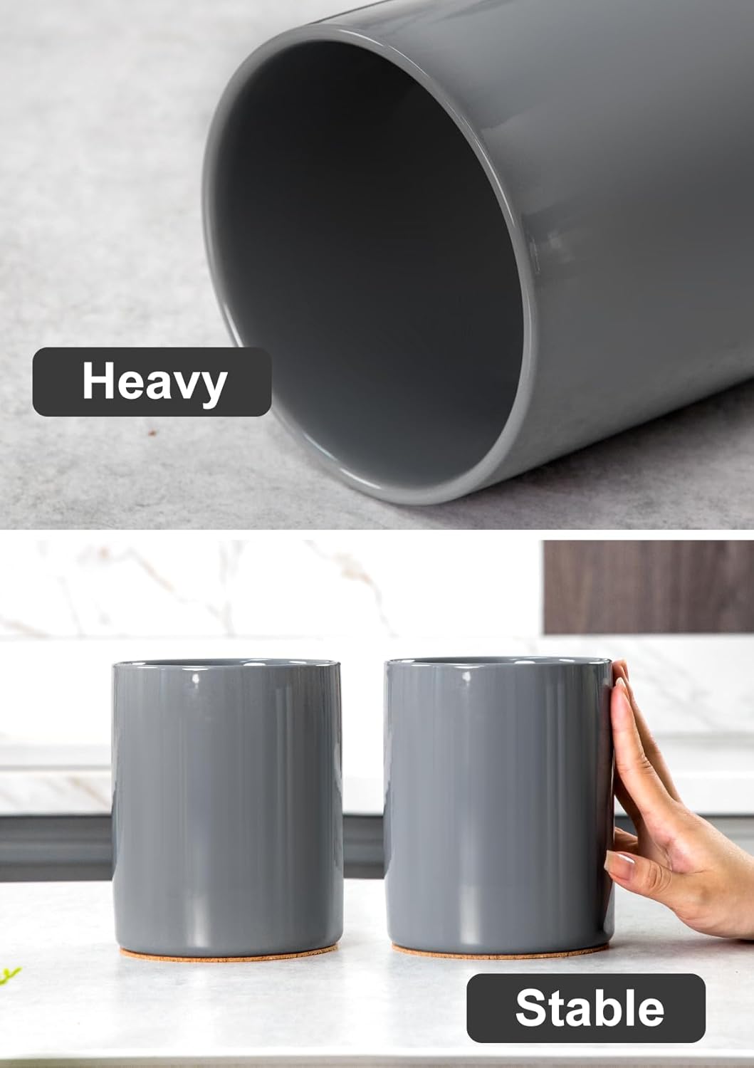Nucookery Utensil Holder, 6.4" Ceramic Kitchen Utensil Holder for Countertop with Protection Cork Bottom, Vintage Farmhouse Kitchen Decor for Counter (Gray)