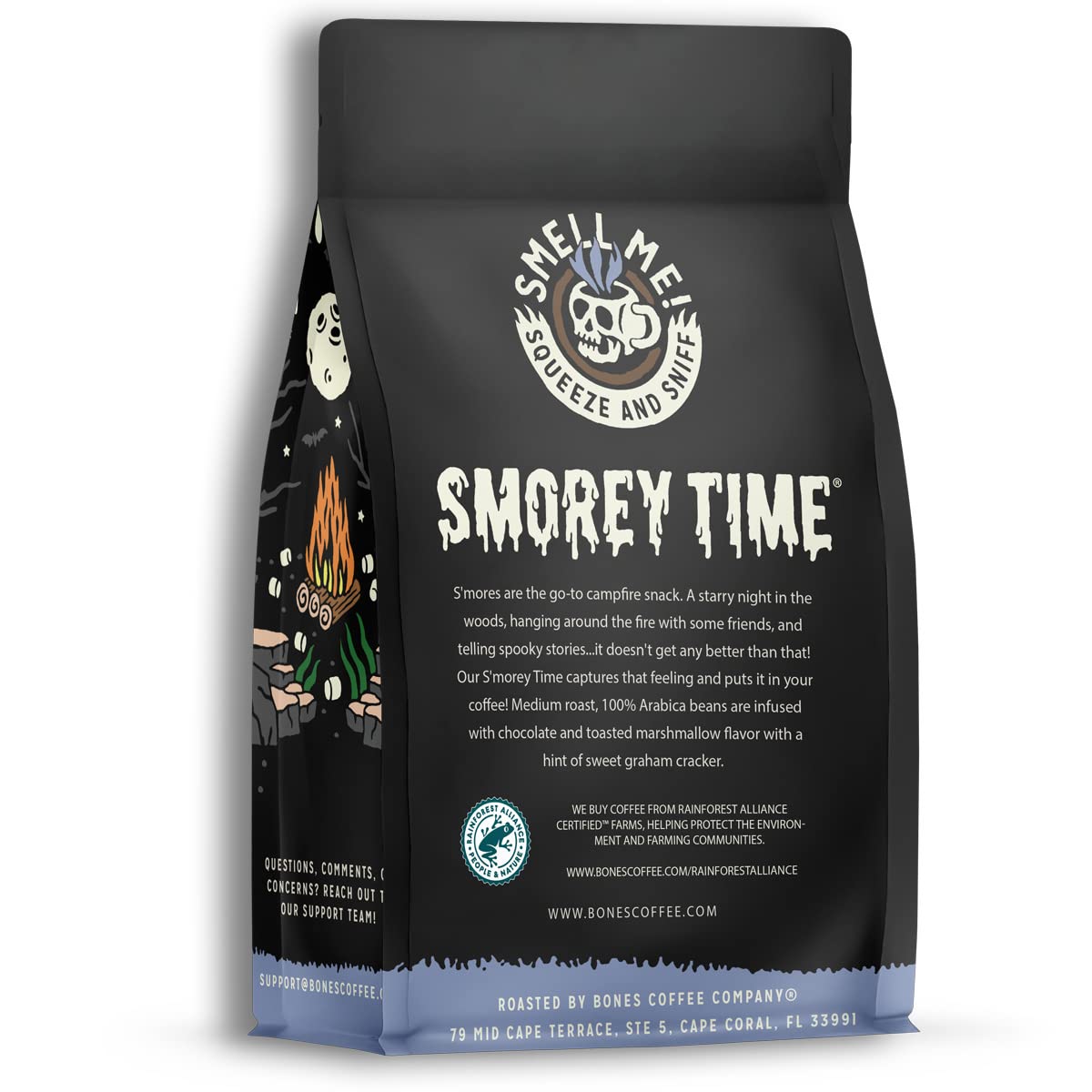 Bones Coffee Company S'morey Time, S'mores and Graham Crackers Flavored Coffee, Medium Roast Low Acid Arabica Beans Compatible with Auto drip and French Press Coffee Maker, 12 Oz Ground