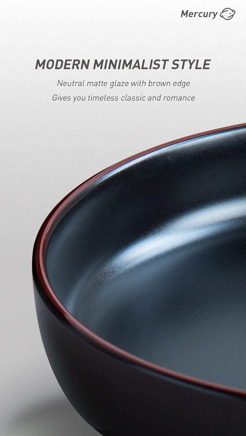 famiware Mercury Pasta Bowls Set of 4, 33 oz Large Salad Bowls, Ceramic Pasta Plates Bowls, Serving Bowls for Kitchen, Microwave & Dishwasher Safe, Black