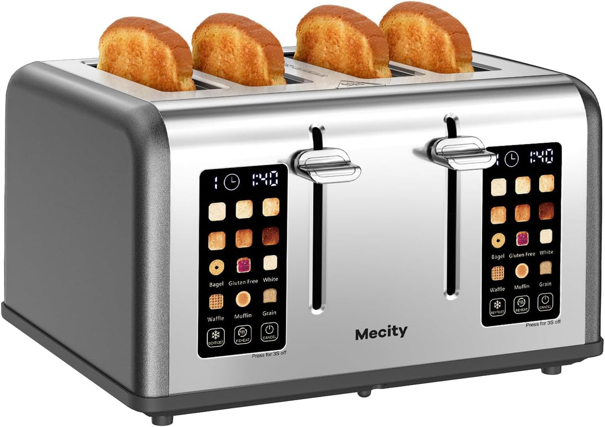 Mecity 4 Slice Toaster with Touch Screen Control, 4 Wide Slots, Stainless Steel Smart Bread Toaster for Bagels, Muffins, Waffles, Dual Control Panel, Timer, Defrost, Reheat, 120V 1650W, Pearl Grey