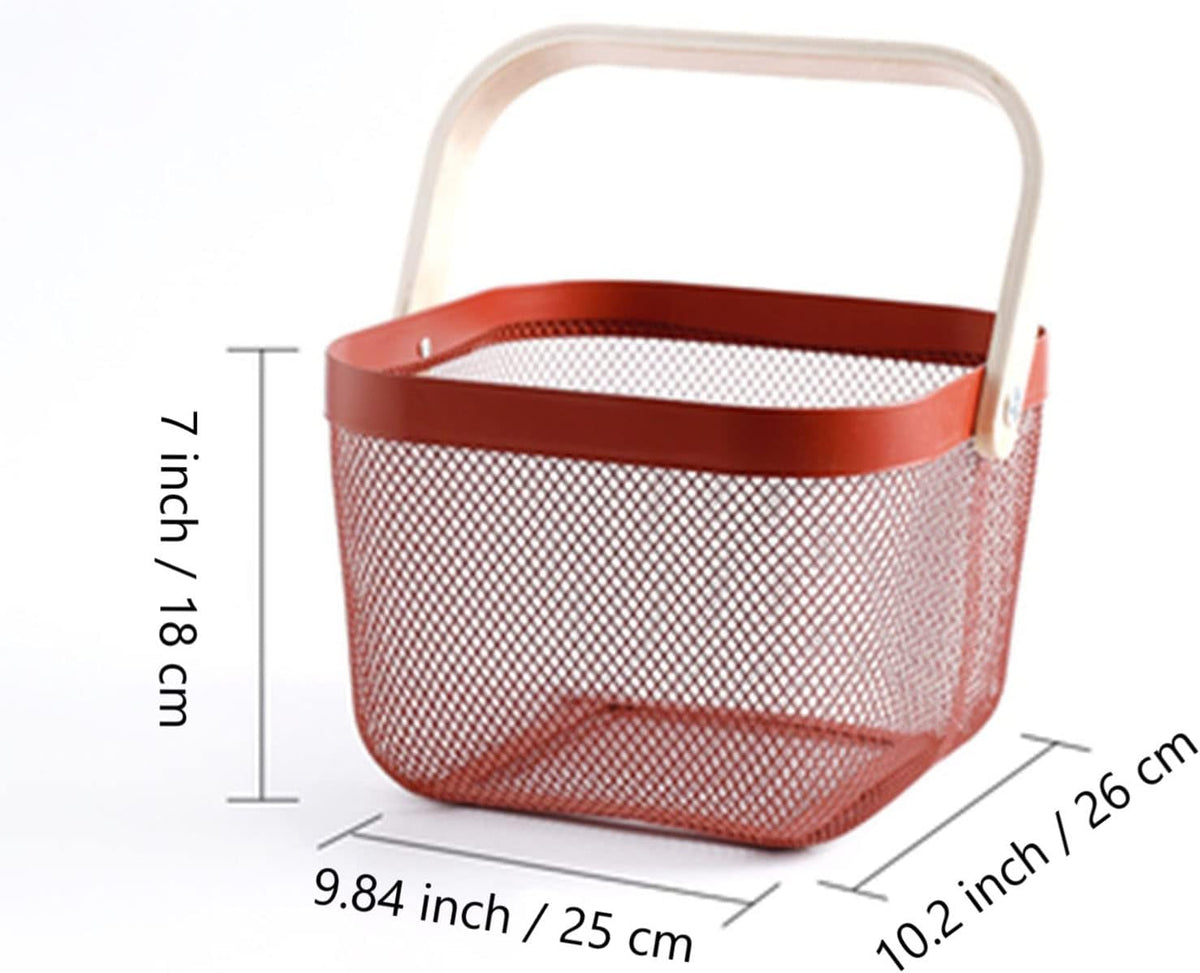 Metal Mesh Steel Basket, Storage Organizer Basket Multi-functional Hanging Kitchen Baskets Fruit Basket Bin with Bamboo Handle for Kitchen Bathroom Picnic Shopping Decor Cabinet Home, Red