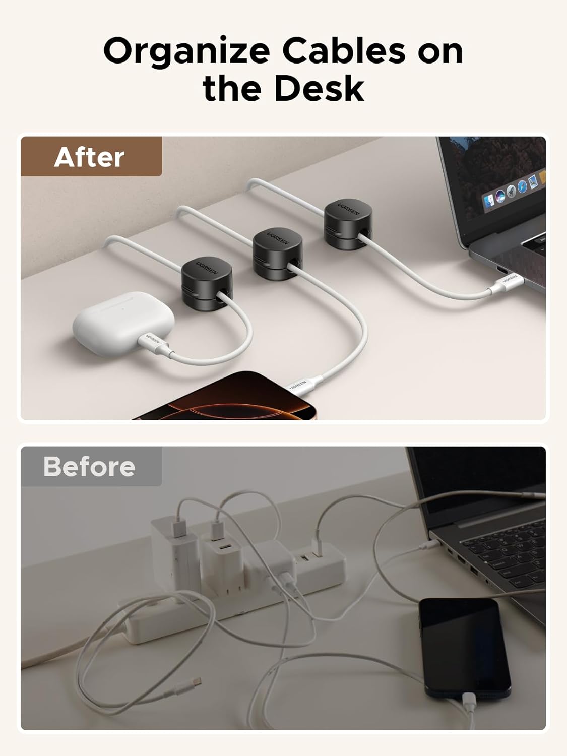 UGREEN Cable Organizer Clips, Adhesive Cable Management - 6-Pack Strong Magnetic Cord Holder for Desk to Keep Phone Charging Cables, Computer Cords, and Various Cord Organized for Nightstand, Black