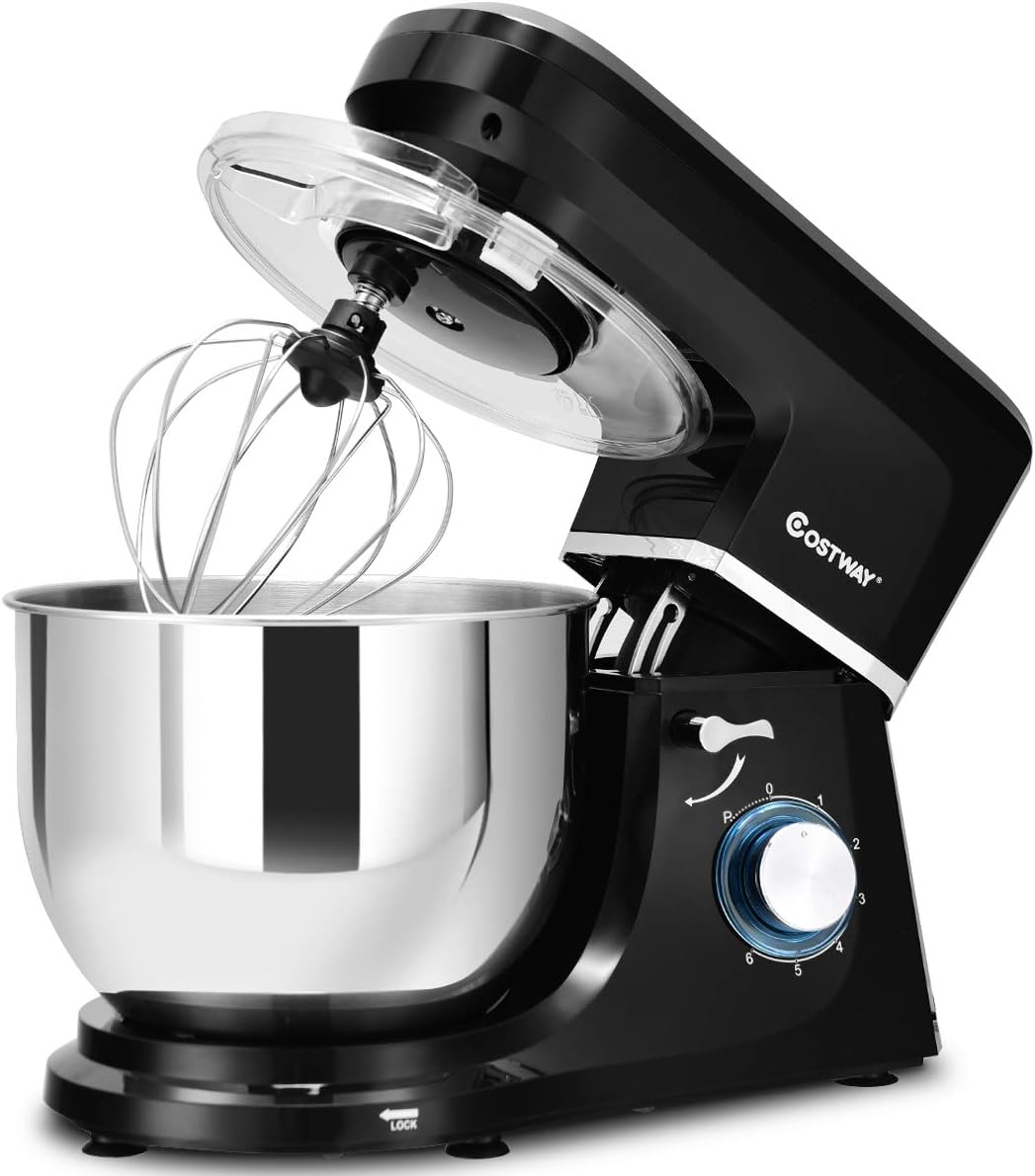 COSTWAY Stand Mixer, 7.5-Quart 660W 6-Speed Electric Mixer with Stainless Steel Bowl, Tilt-head Food Mixer with Dough Hook, Beater, Whisk (Black)