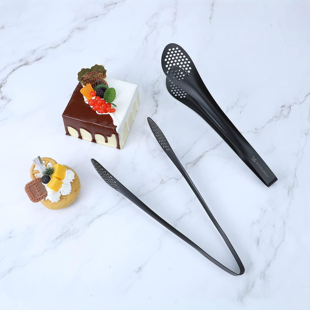 MSY BIGSUNNY Stainless Steel Buffet Tongs - Heavy Duty Kitchen Food Tong for Cooking and Serving (Black - 11" Serving Tongs)