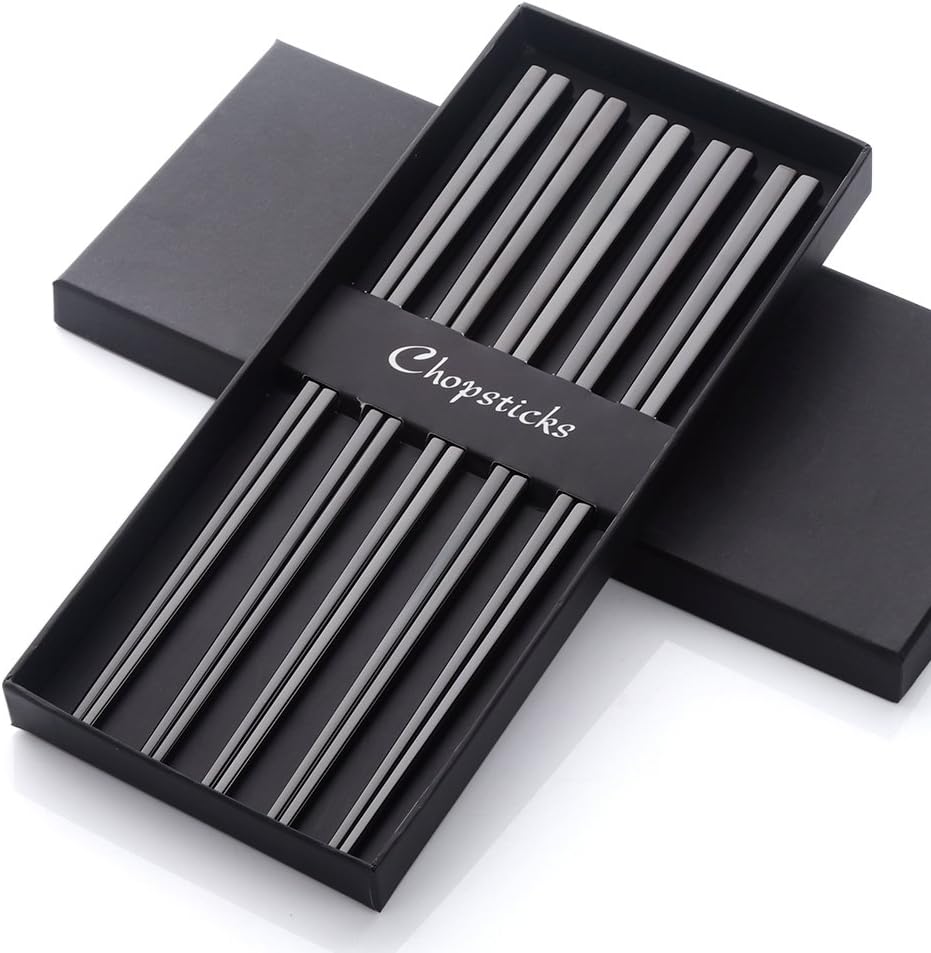 Buyer Star 5-Pair Stainless Steel Black Metal Reusable Chinese Square Chopsticks