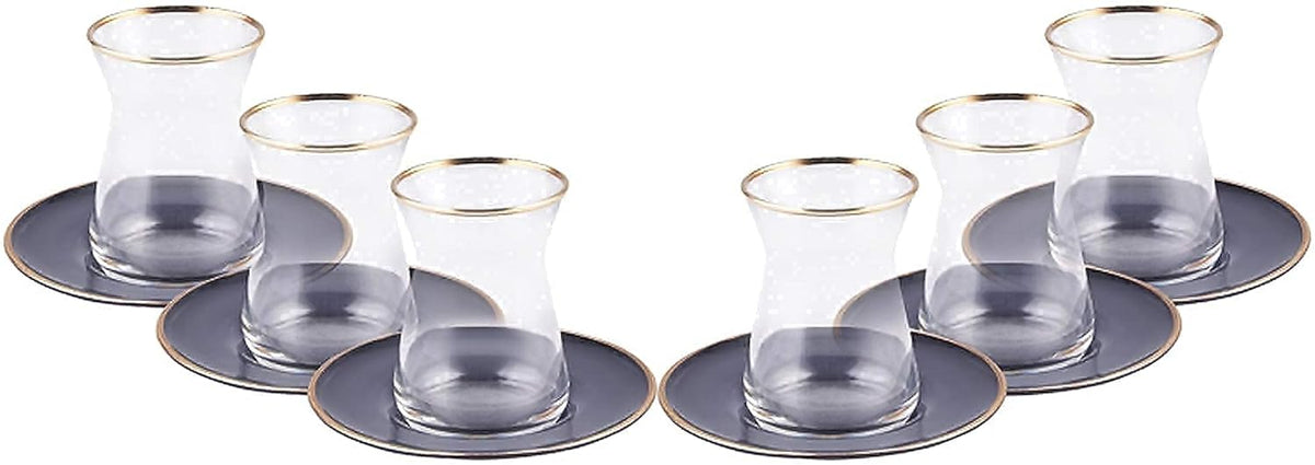 KARACA Retro Anthracite Tea Set for 6, 6 Turkish Tea Glasses, 12 Pcs, Gold Decal Details