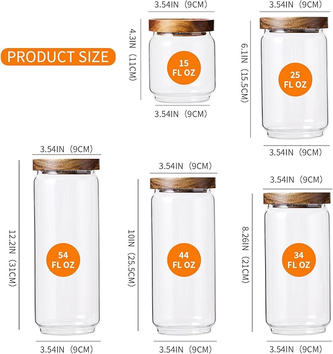 Glass Storage Containers Set, High Borosilicate Glass Jars with Wooden Lids Kitchen Food Canisters s for Coffee Beans/Sugar/Noodles/Nuts/Cookies/Pasta
