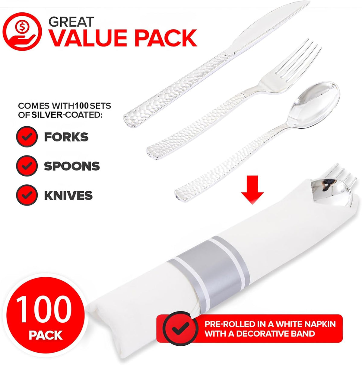400PCS Pre Rolled Silver Plastic Silverware Sets - Heavy Duty Hammered Silver Cutlery - Include 100 Pack Wrapped Disposable Utensils with Napkins for Parties & Dinners & Weddings