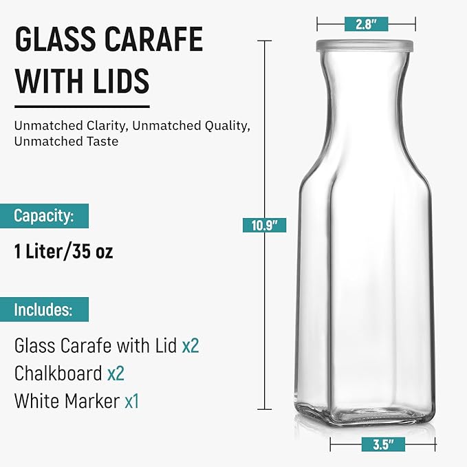 Set of 2 Square Glass Carafe, 1 Liter Clear Glass Pitcher with Lid, Beverage Serveware Carafe for Mimosa Bar, Coffee, Juice, Cold Water, Milk, Lemonade, Iced Tea