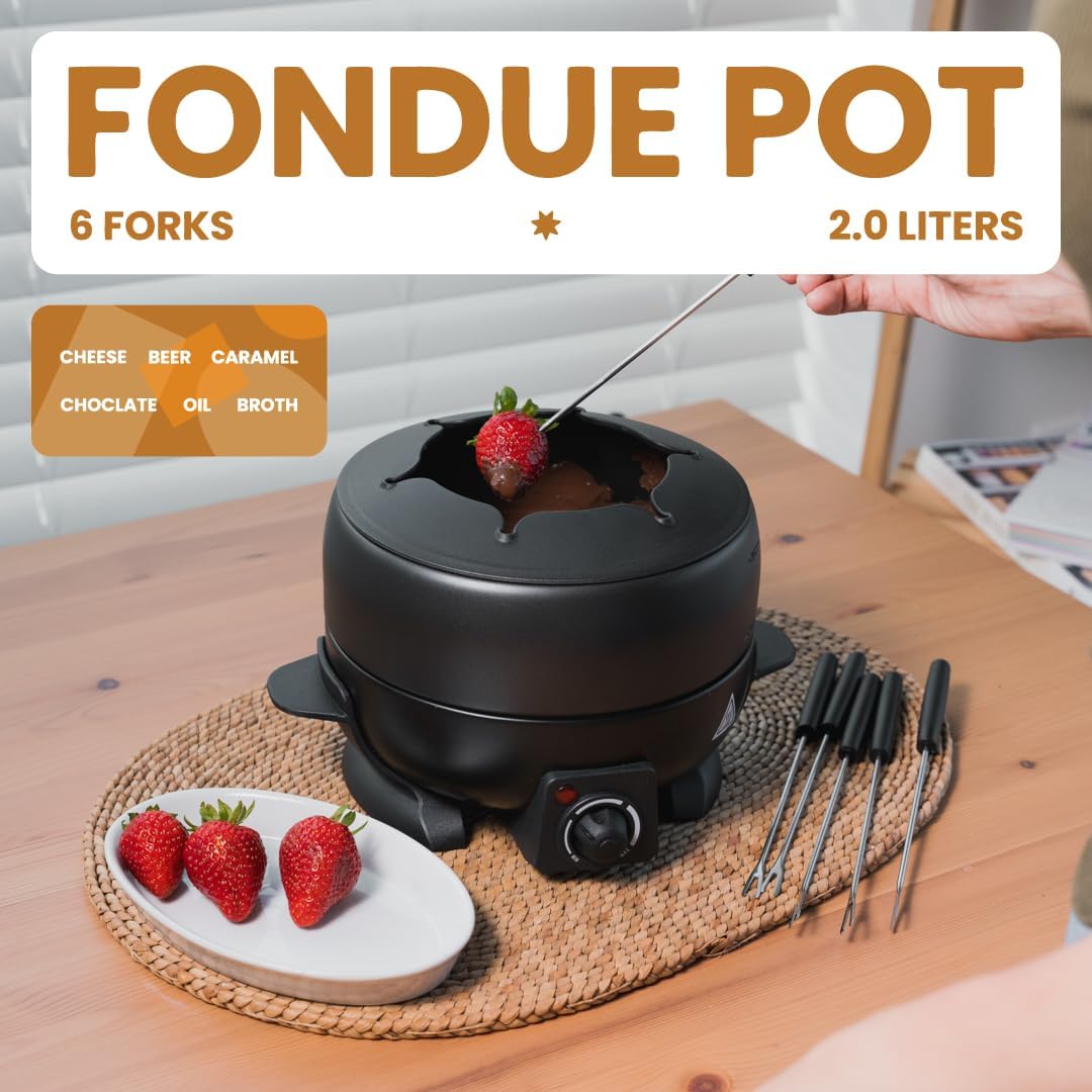 Electric Fondue Pot Set - 2-Liters Black Electric Pot with 6 Stainless Steel Fork - Temperature Control Ideal for Cheese, Caramel, Chocolate - Non-stick and Dishwasher Safe Fondue Pot Set by Stilaris