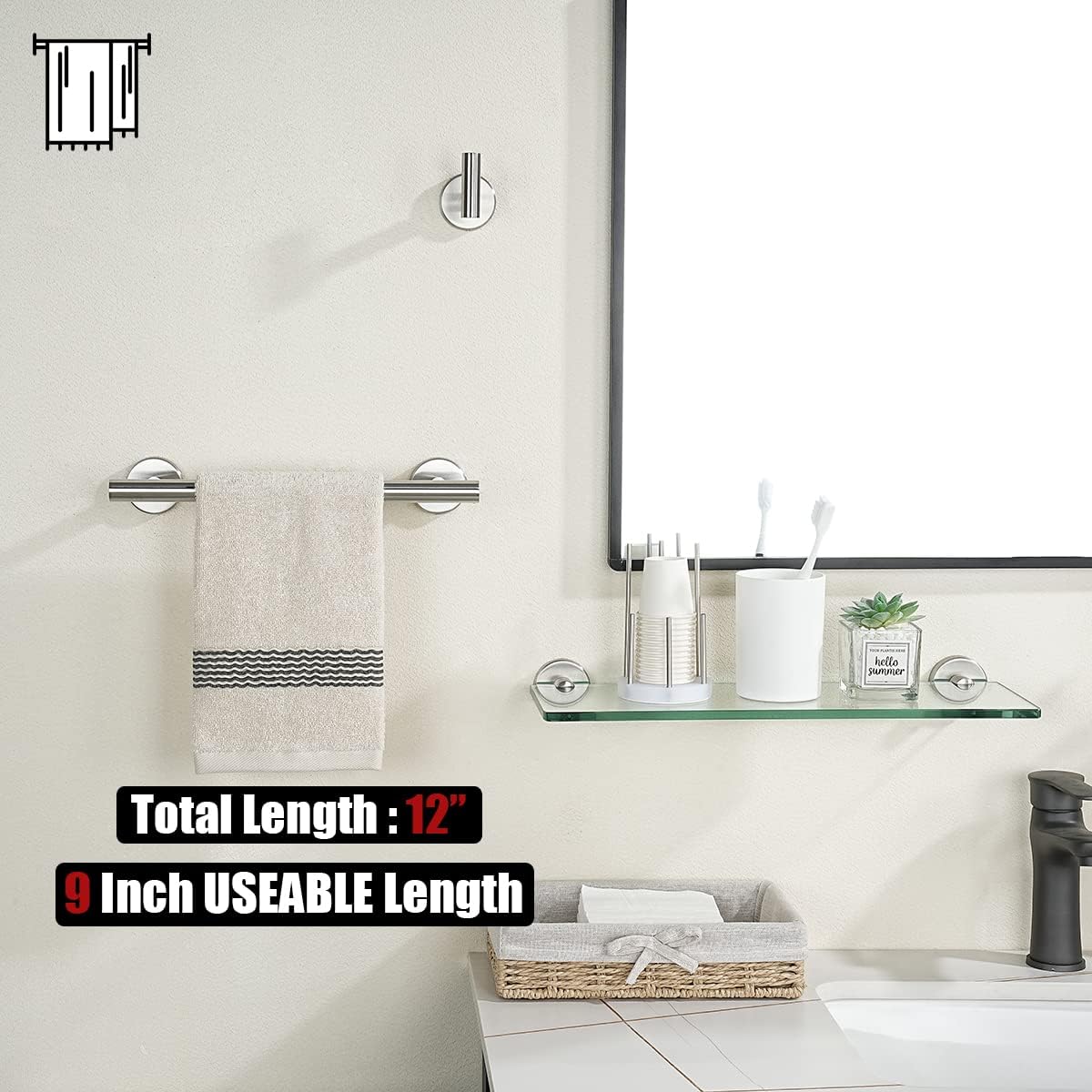 JQK Hand Towel Bar, 12 Inch 304 Stainless Steel Thicken 0.8mm Towel Rack, Bathroom Towel Holder Brushed Finished Wall Mount, Useable Length 9 Inch TB110L9-BN