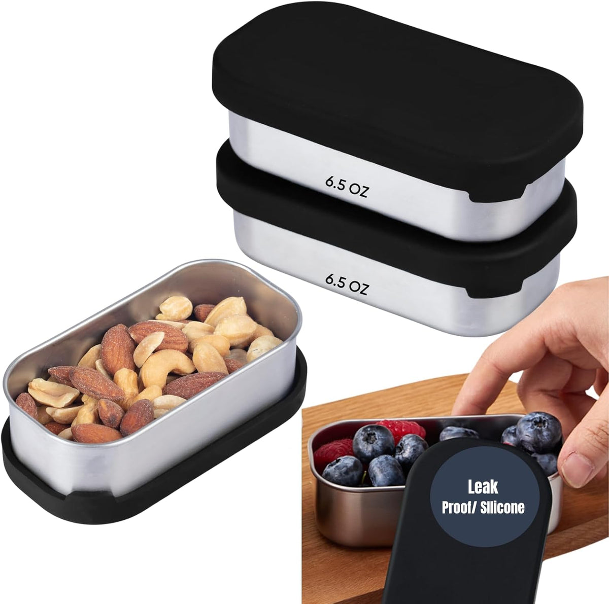 Flexibento - 2 x 6.5 oz | Leak proof | Small Stainless steel Snack Containers with Silicone lids|Dip, snacks, condimenrs | Plastic and BPA free | Metal Lunch box | Black (set of 2)