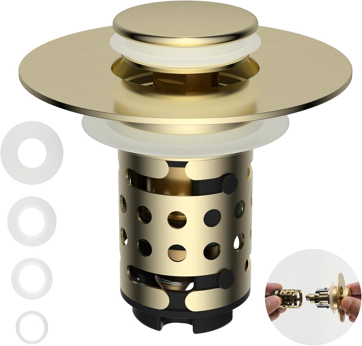 Universal Bathroom Sink Stopper Hair Catcher Upgraded with 2-Layer Detachable Filter Basket, 4 in 1 Pop Up Drain Strainer, Anti-Clog, Odor-Block, Universal Fit for 1.1''~2.36'' Sinks, Brushed Gold