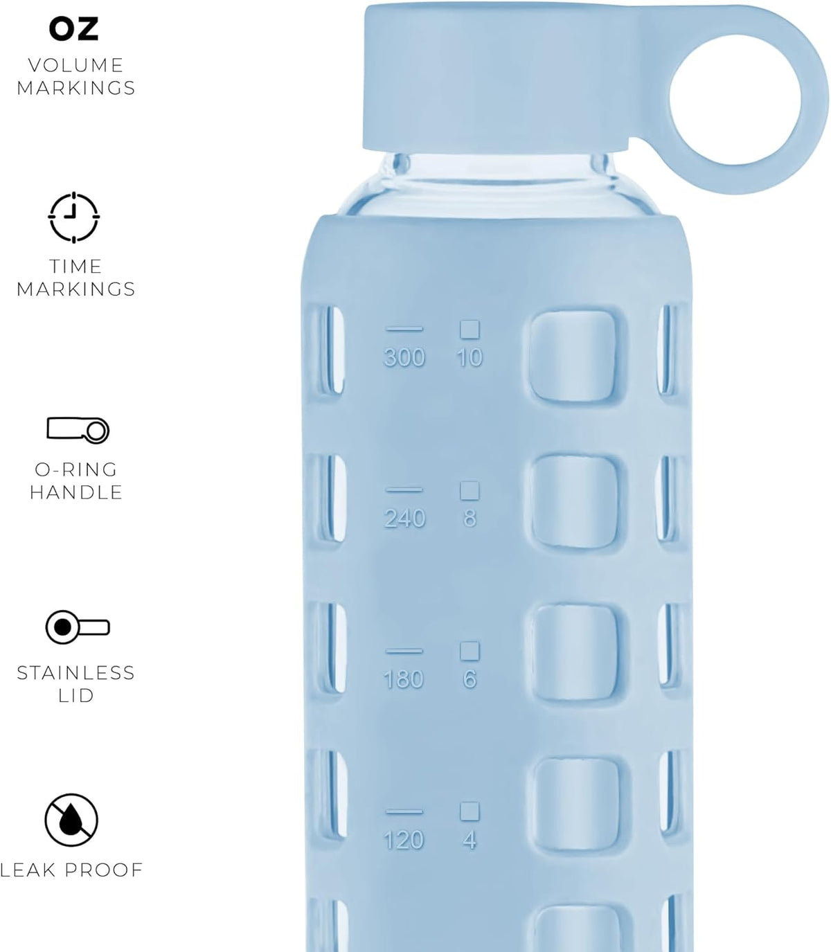 purifyou 40oz / 32oz / 22oz / 12oz Borosilicate Glass Water Bottle with Time & Volume Markers, Silicone Sleeve, Stainless Steel Lid – Reusable Glass Bottle for Water & Juice (12oz Ice Blue)