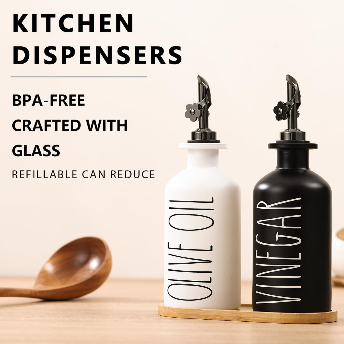HOMCDALY Premium Olive Oil Dispenser for Kitchen, 11.8oz Glass Oil Bottles with Bamboo Tray, Oil&Vinegar Cruet Set, Kitchen Dispenser Bottles with Pourer | Set of 2 (11.8oz –P–Black&White)