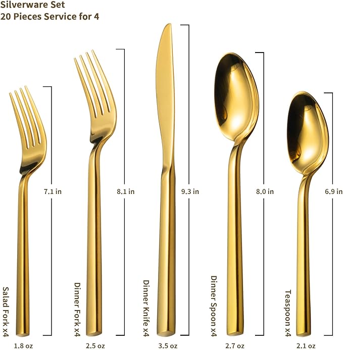 Alata Cube Gold 20-Piece Flatware Set, Forged Cutlery Set, Mirror Finish Silverware Service for 4, Stainless Steel Tableware with Square Handle for Home/Restaurant, Dishwasher Safe