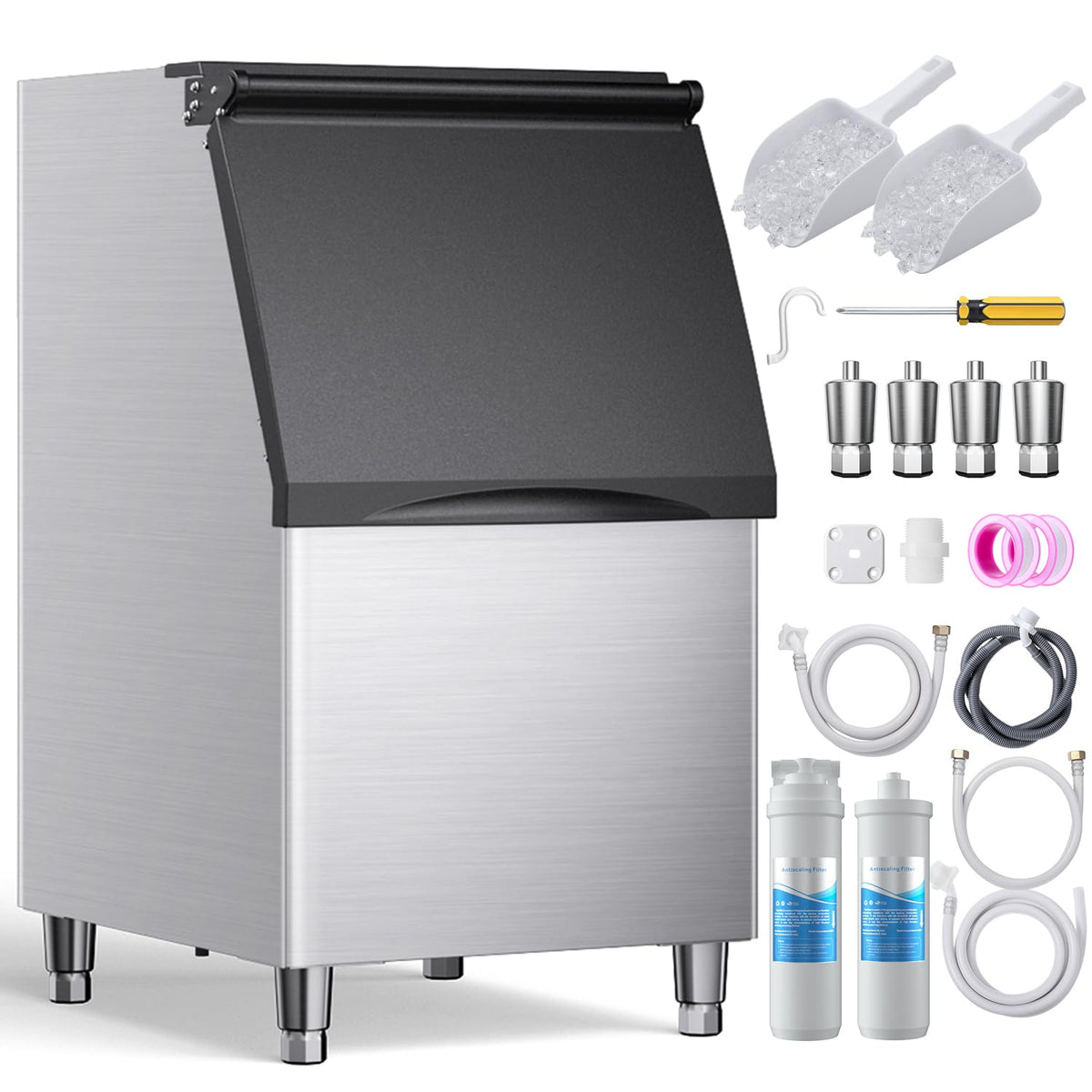 Coolake 360 lb. Commercial Ice Machine Storage Bin, 26" Stainless Steel Space Saving Footprint Ice Bin with Convenient Lift-up Door, Filter, Scoop, Adjustable Feet, for Bar Restaurant Shop