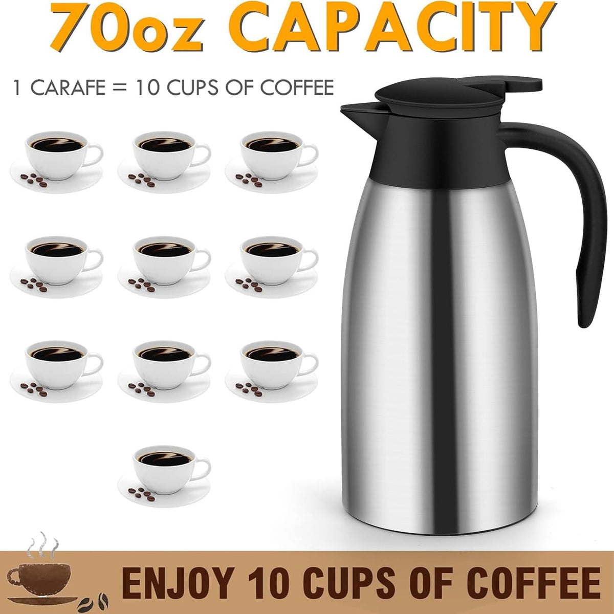 70oz Thermal Coffee Carafe Insulated Coffee Thermos,Stainless Steel Thermos Pitcher,Double Walled Vacuum Insulation Coffee Carafes For Keeping Hot,Tea Water Hot Beverage Dispenser