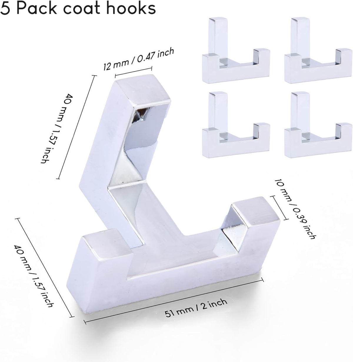 5 Pack Heavy Duty Coat Hook Wall Mount with Screw Retro Double Coat Hook Utility Hook for Coats, Scarves, Bags, Towels, Keys, Hats, Mugs (Chrome)