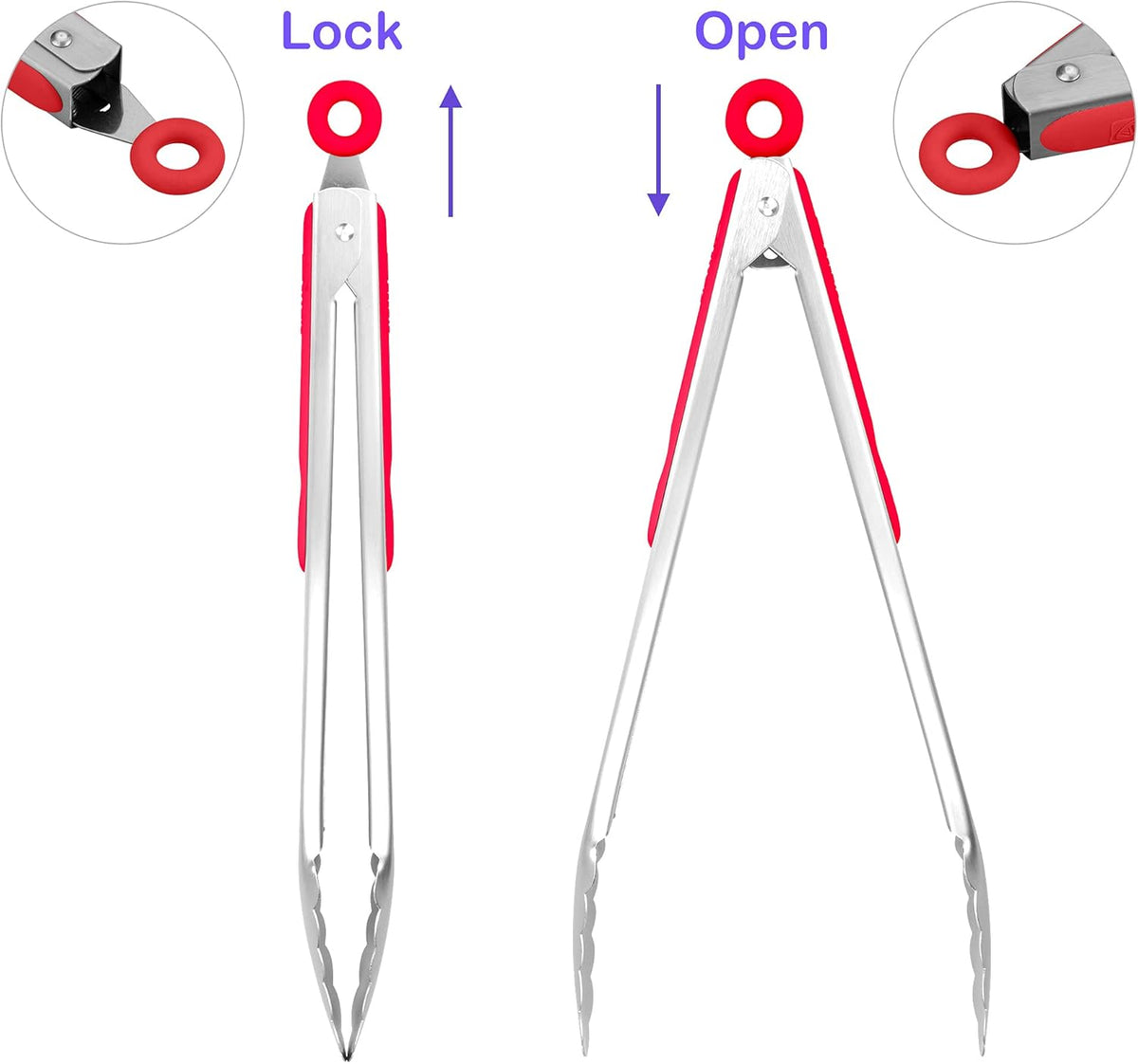304 Stainless Steel Kitchen Cooking Tongs, 12" and 14" Set of 2 Sturdy Grilling Barbeque Brushed Locking Food Tongs with Ergonomic Grip, Red