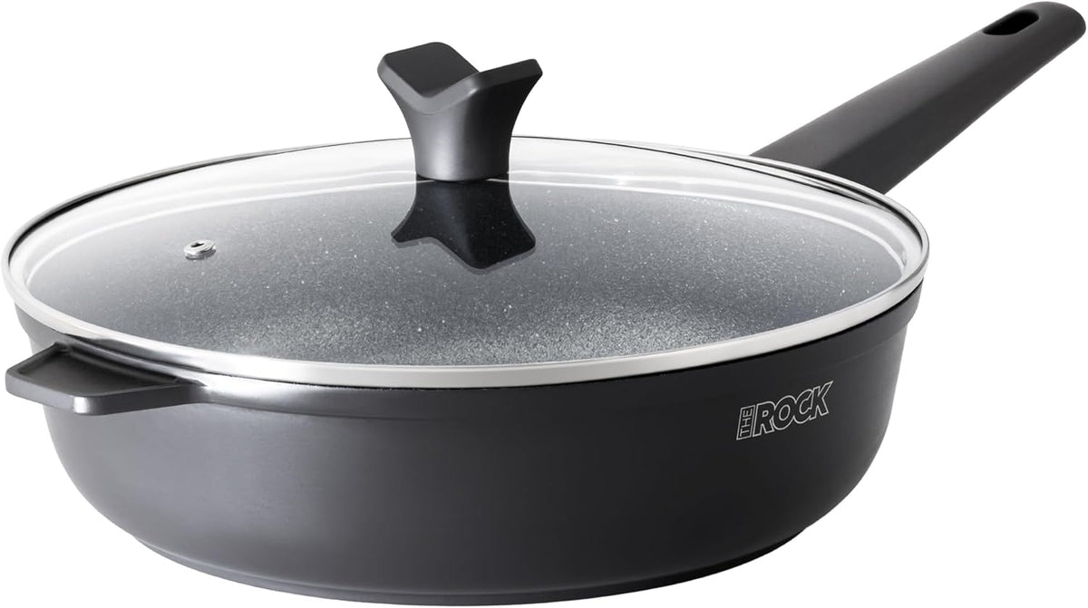 THE ROCK SOHO 4 Qt Nonstick Deep Frying Pan Skillet with Glass Lid, 11 Inch Large Deep Frying Pan, Non Stick Saute Pan – Stay-cool Handle, Induction Compatible, Oven & Dishwasher Safe, Black