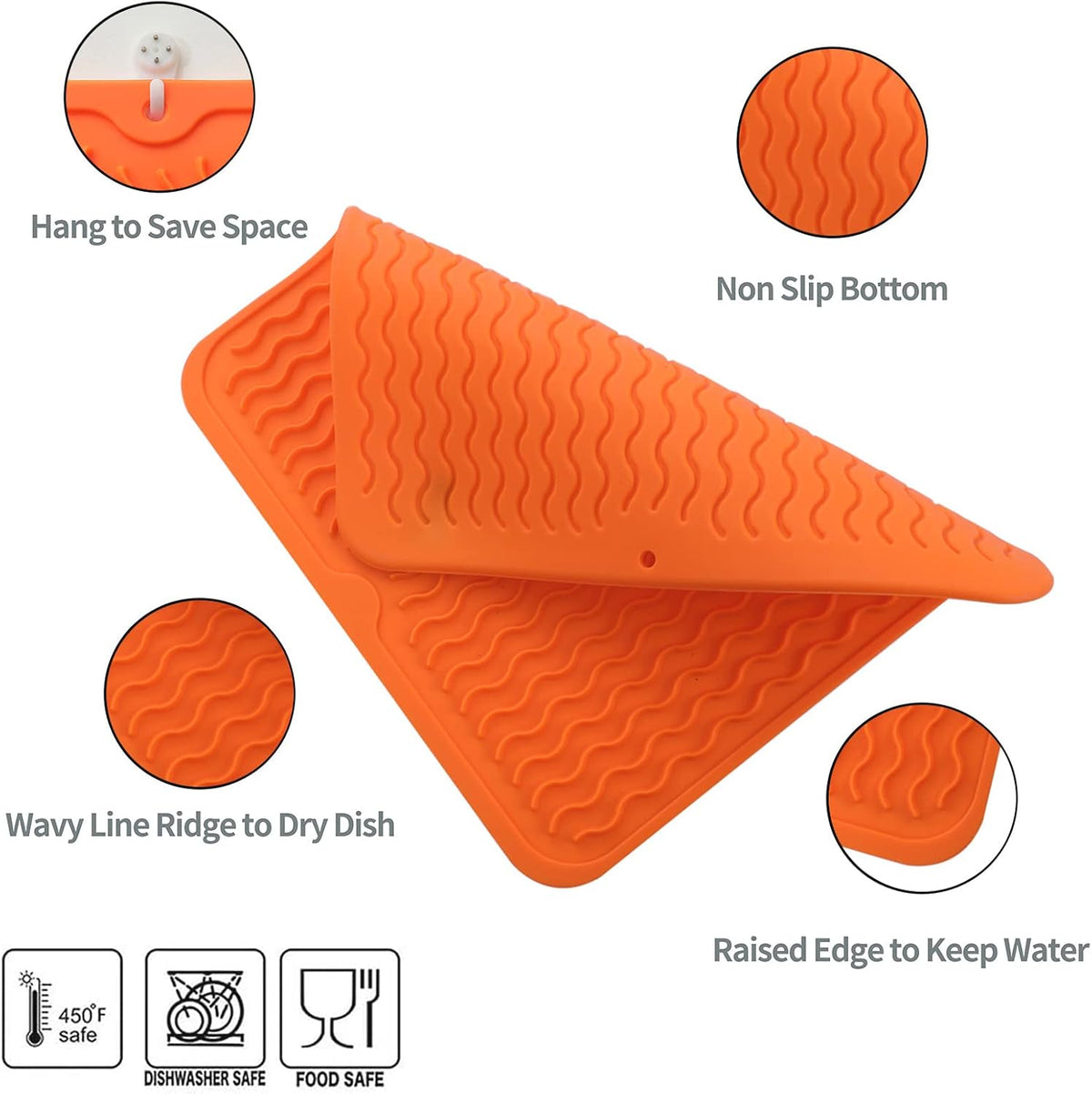 Silicone Dish Drying Mat for Multiple Usage,Easy clean,Eco-friendly,Heat-resistant Silicone Mat for Kitchen Counter or Sink,Refrigerator or Drawer liner Orange M 12 inches x 12 inches