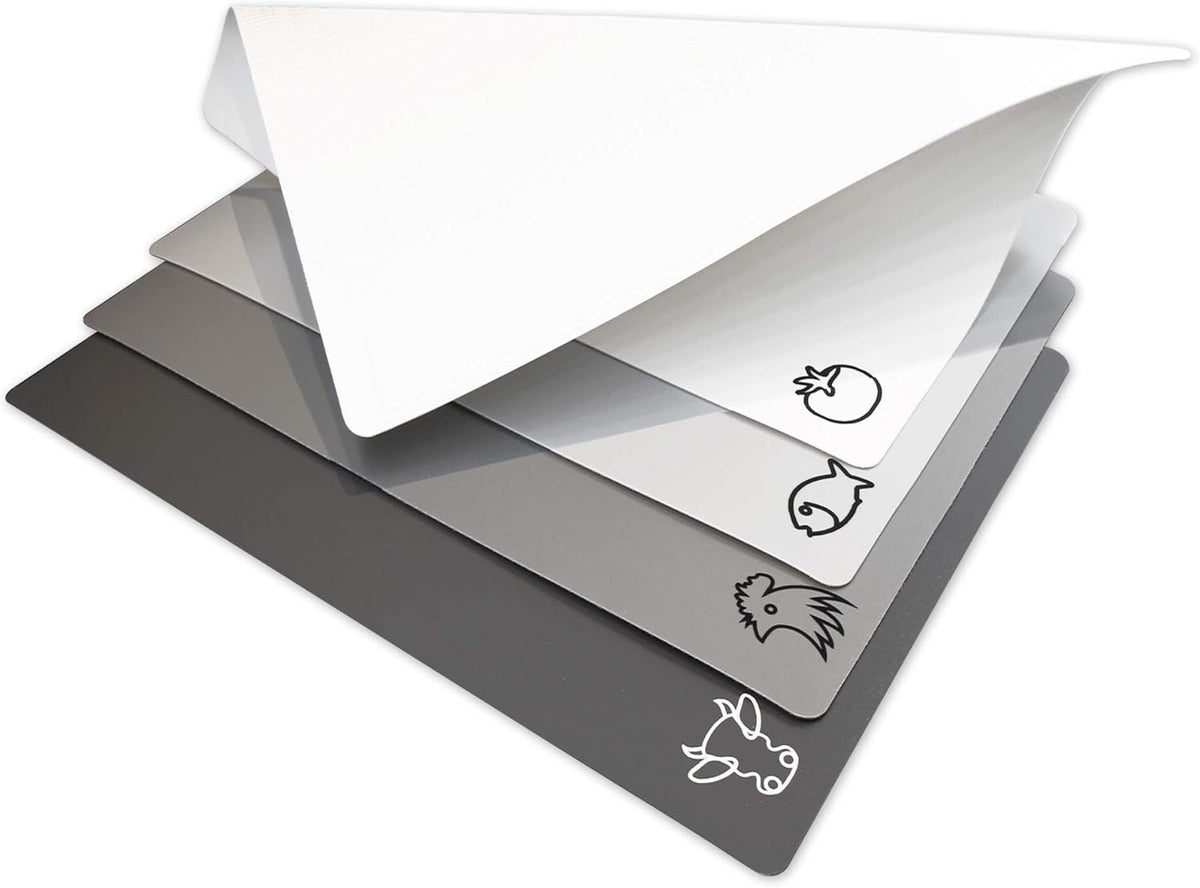 Fotouzy Flexible Plastic Cutting Board Mats with Food Icons, BPA-Free, Non-Porous, 100% Non-slip Back and Dishwasher Safe, Unique Modern Neutral Colors, Set of 4