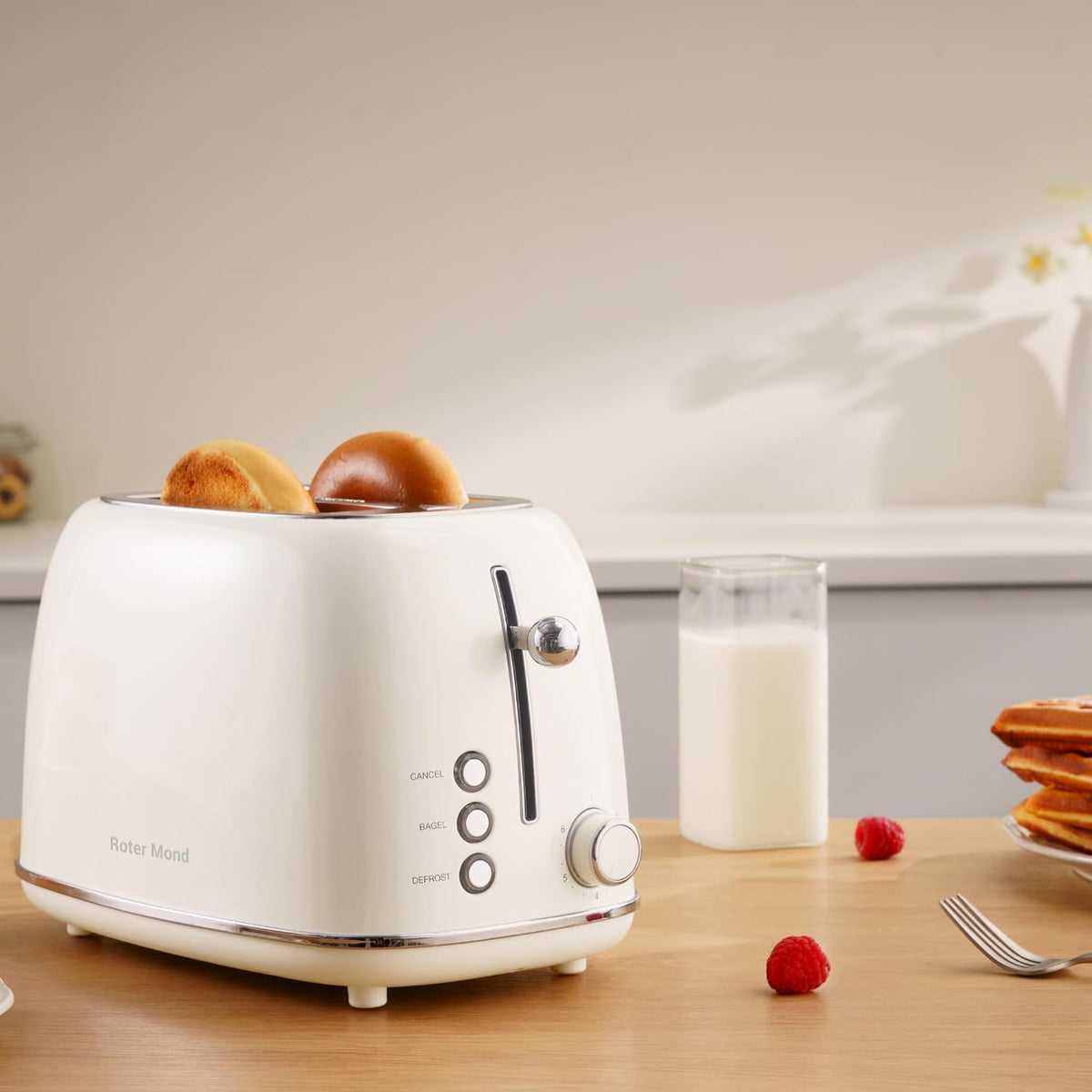 2 Slice Toaster Retro Stainless Steel with Bagel, Cancel, and Defrost Functions, 6 Bread Shade Settings, Extra Wide Slots and Removable Crumb Tray, Cream