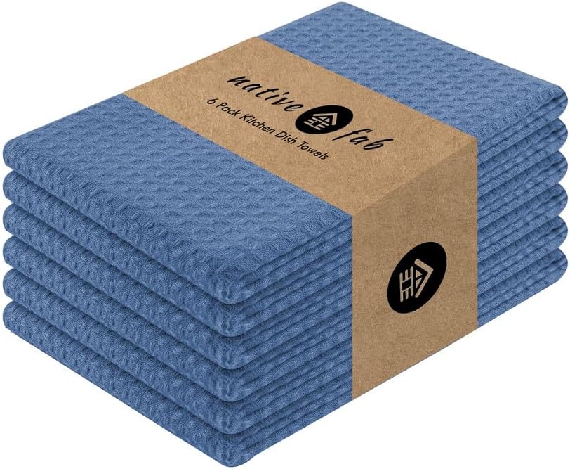 Native Fab Cotton Kitchen Towel with Hanging Loop 16x26 inches, 6-Pack, Waffle Weave Kitchen Towels for Cleaning Drying, Washcloths Soft & Absorbent Cloth Rags, Bar Towel, Dish Cloth, Sky Blue