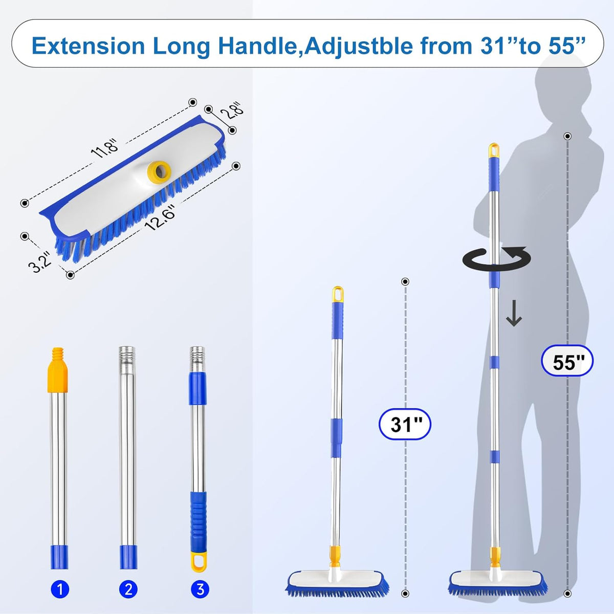 ITTAR 12" Wide Floor Scrub Brush with Long Handle, 2-in-1 Deck Cleaning Brush with 55" Extendable Pole, Heavy-Duty Tub Tile Scrubber Cleaner Brush for Shower Floor, Kitchen, Patio, Garage, Restaurant