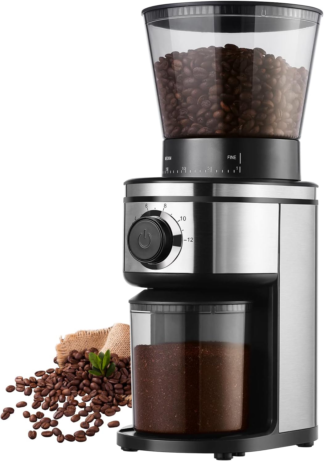 Burr Coffee Grinder, Electric Conical Coffee Bean Grinder With 30 Adjustable Grind Settings For 2-12 Cups, Sliver & Black