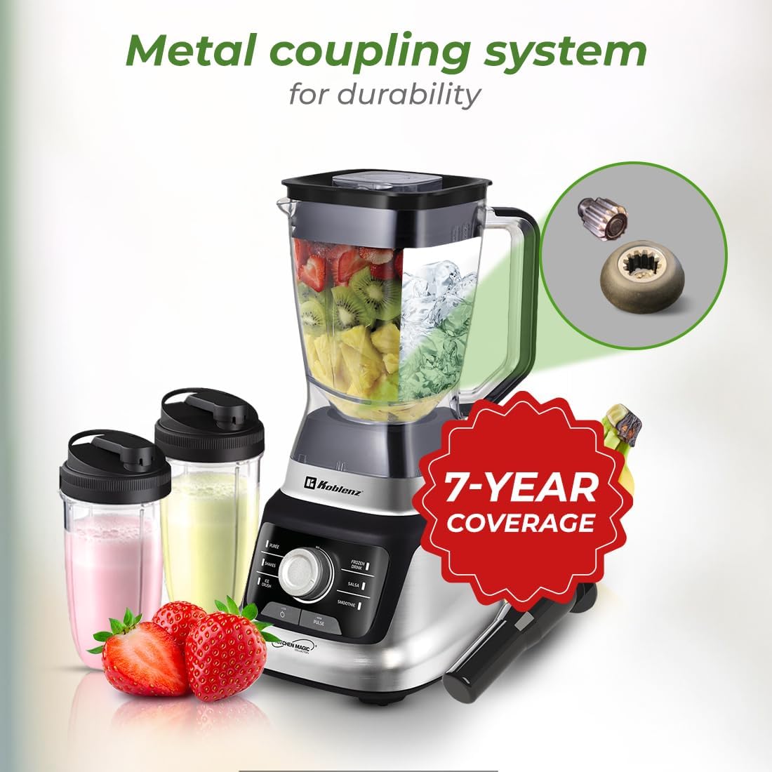 Koblenz Bob Blender, Countertop with Reversible motor, Speed Knob and 6 Functions, 1400-watt Motor, 68 oz. Capacity, Super Silent Operation, Includes 2 To-Go Cups and Tamper, Black/Chrome, LKM-9610