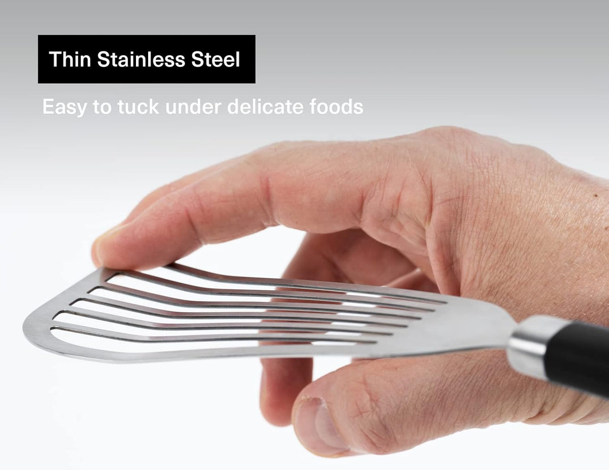 Misen Fish Stainless Steel Spatula - Slotted Turner for Cooking - Perfect for Frying - Heat Resistant - Dishwasher Safe -1mm Thick Flexible Flipper - Soft Silicone Grip Handle for Easy Use