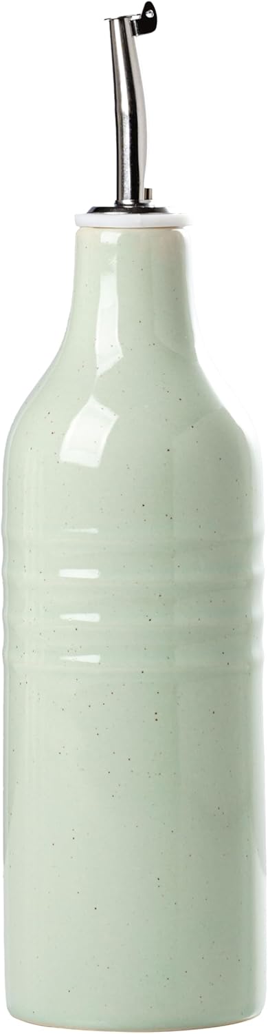 famiware Jupiter 16oz Ceramic Olive Oil Dispenser Bottle, 1 Piece Oil Dispenser for Kitchen with Stainless Steel Pourers, Suitable for Storage Vinegar, Soy Sauce, Coffee Syrup, Light Green