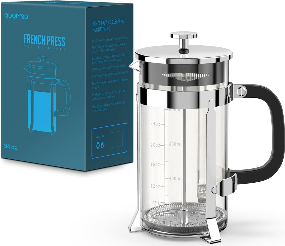 QUQIYSO French Press Coffee Maker 34oz 304 Stainless Steel French Press with 4 Filter, Heat Resistant Durable, Easy to Clean, Borosilicate Glass Coffee Press, 100% BPA Free Glass Teapot, Silver