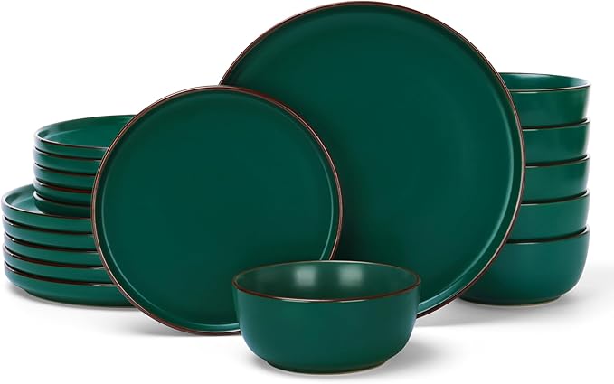Famiware Mercury Plates and Bowls Sets, 18 Pieces Stoneware Dinnerware Sets, Dishes Set for 6, Microwave and Dishwasher Safe, Dark Green