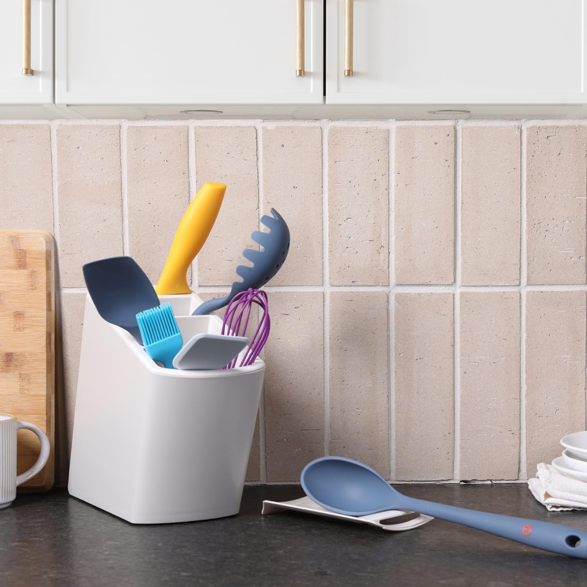 Angled Utensil Holder for Countertop | Space-Saving Kitchen Organizer for Large & Small Utensils with Knife Holder | Cooking Utensil Caddy with Spoon Rest | Kitchen Essentials Under Cabinet Organizer