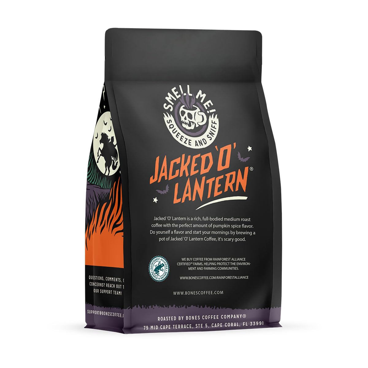 Bones Coffee Company Jacked 'O' Lantern, Pumpkin Spice Flavored Coffee, Medium Roast Low Acid Arabica Beans Compatible with Auto drip and French Press Coffee Maker, 12 Oz Whole Bean