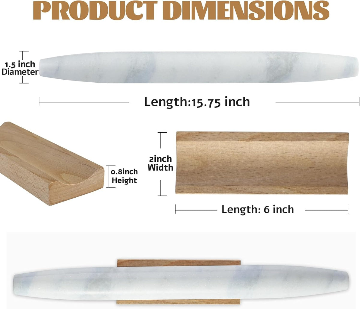 Koville African Natural Marble French Rolling Pin, 16inch Non-Stick Rolling Pin for Baking, Dough Roller for Pasta, Dumpling, Fondant, Pie, Bread, Pizza, Kitchen Baking Tools(Namib Fantasy)