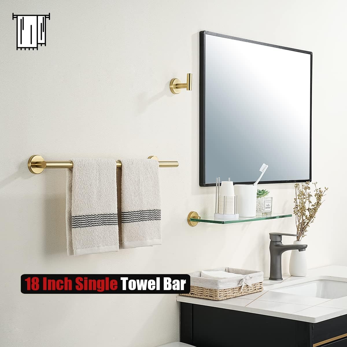 JQK Bath Towel Bar Brushed Gold, 18 Inch 304 Stainless Steel Thicken 0.8mm Towel Rack Bathroom, Towel Holder Wall Mount, Total Length 20.47 Inch TB110L18-BG