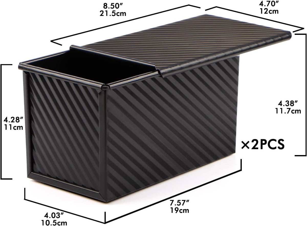 Beasea Pullman Loaf Pan with Lid, 2 Pack 1 lb Non-Stick Black Bread Loaf Pans for Homemade Bread Carbon Steel Toast Box with Cover for Bakeware Toast Oven Baking