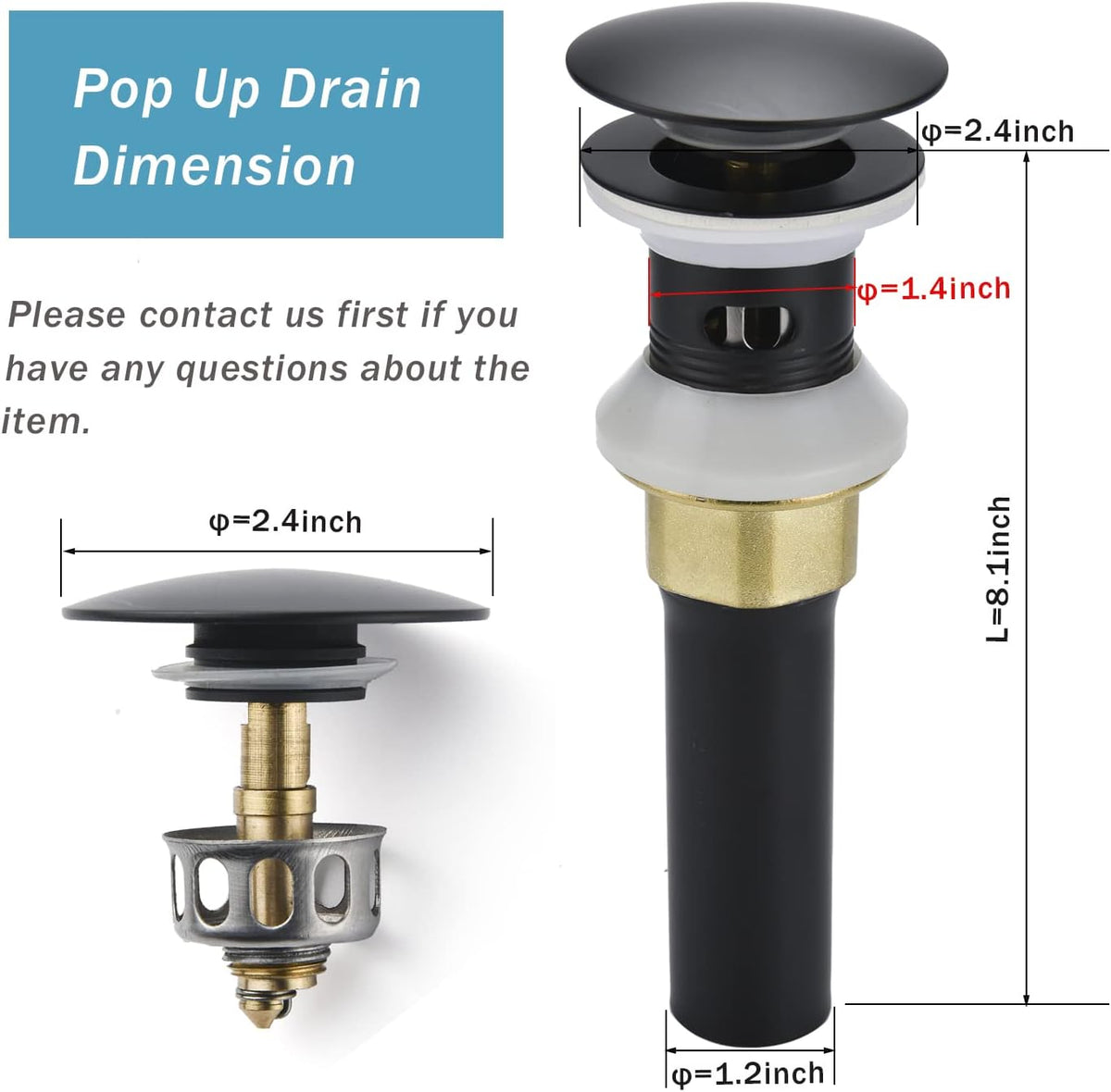 Bathroom Sink Drain,Drain Stopper Bathroom Sink with Overflow,Pop Up Drain Assembly with Detachable Strainer Basket,Built-in Anti-Clogging Strainer,Stainless Steel Mattle Black