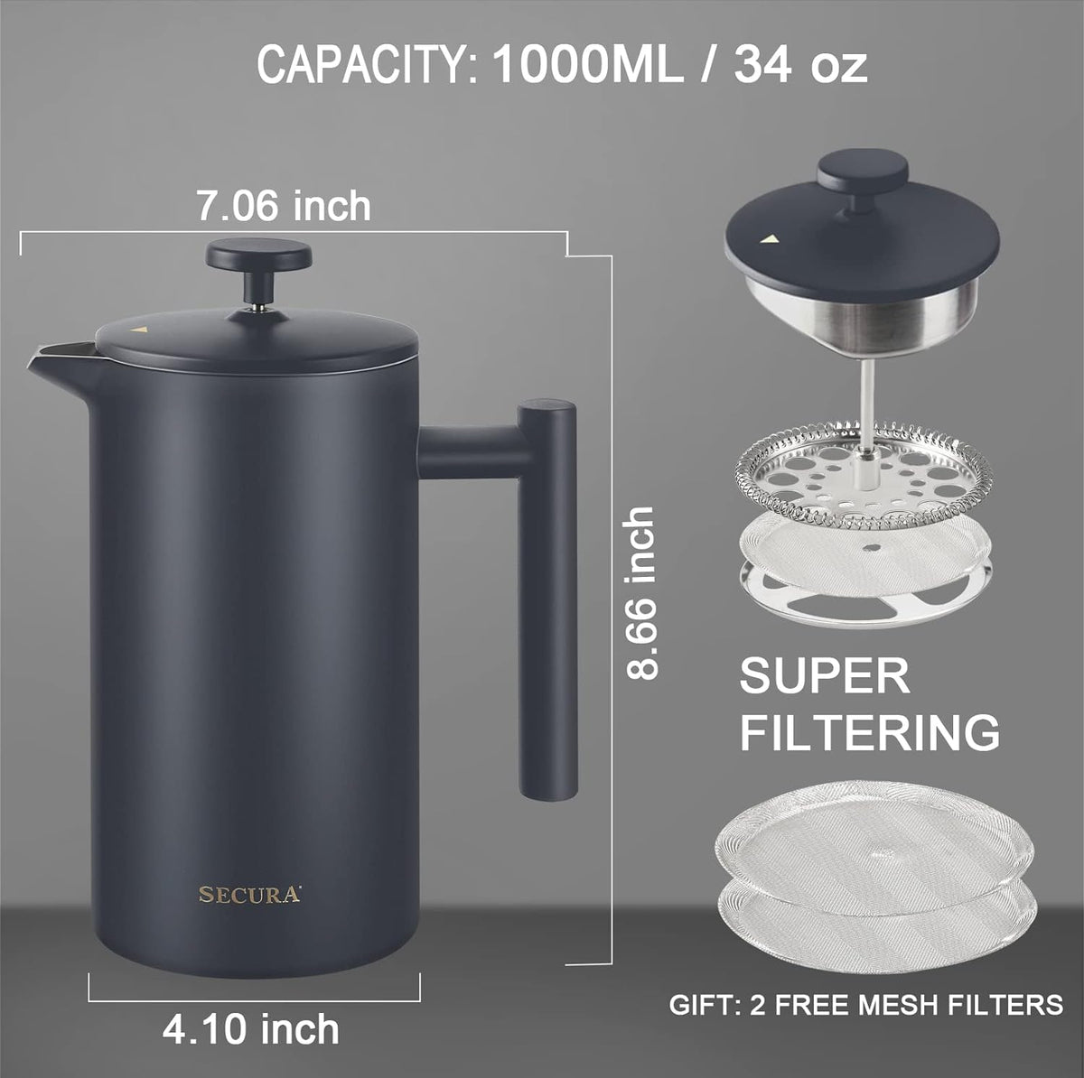 Secura French Press Coffee Maker, 304 Grade Stainless Steel Insulated Coffee Press with 2 Extra Screens, 34oz (1L), Grey
