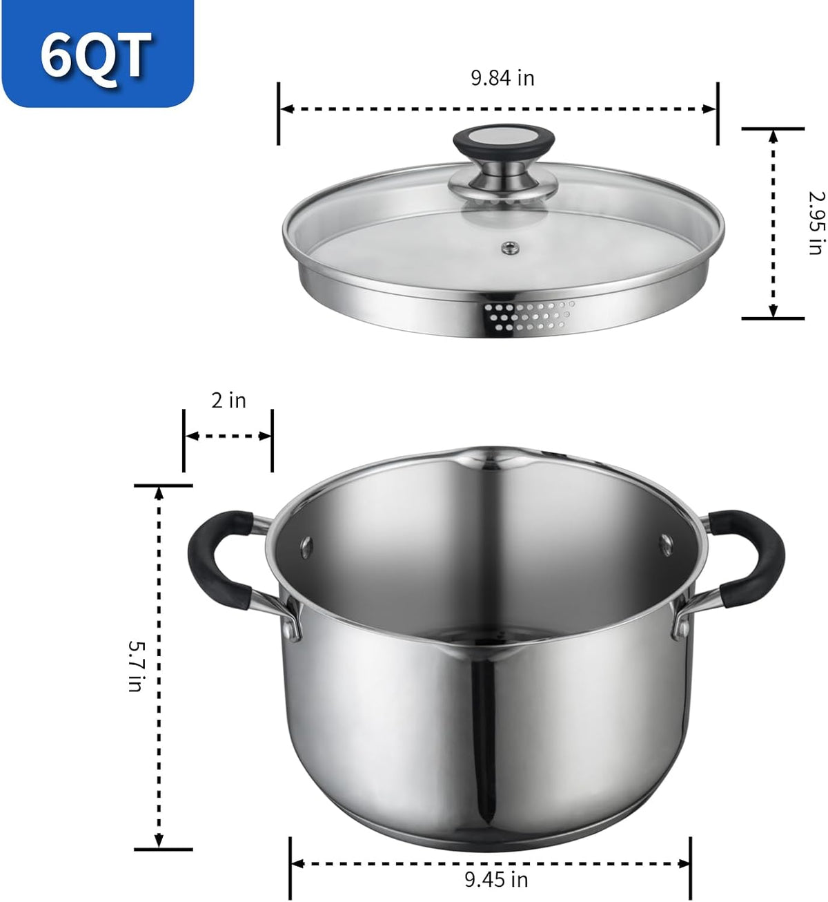 6 Quart Stainless Steel Stock Pot with Strainer Glass Lid,6 Qt Soup Pot Multipurpose Stockpot with Pour Spout,Stay-cool silicone Handle.