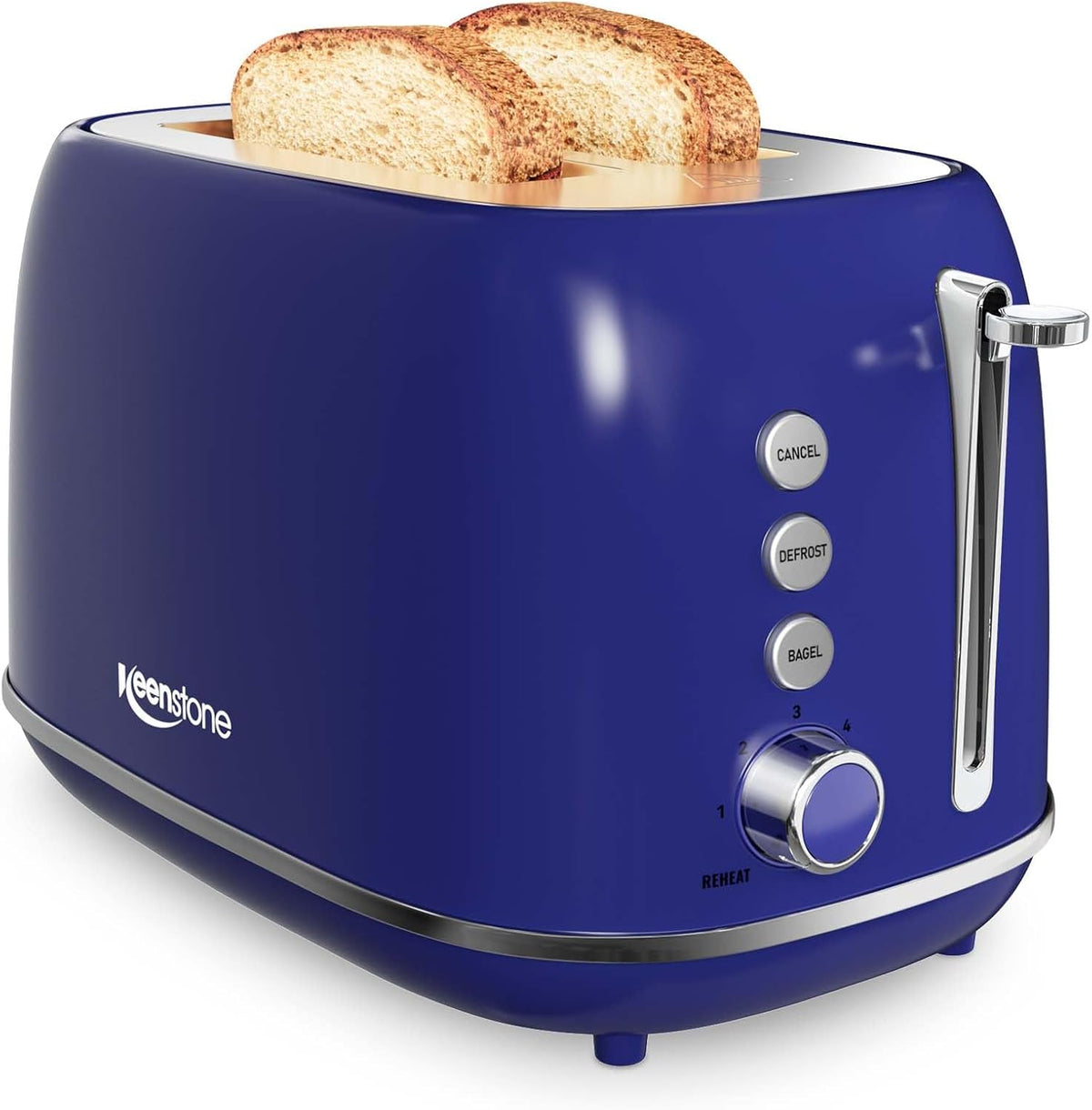 Keenstone Retro 2-Slice Stainless Steel Toaster - Bagel, Cancel, Defrost Functions, Extra Wide Slots, High Lift Lever, 6 Shade Settings, Removable Crumb Tray, Dark Blue