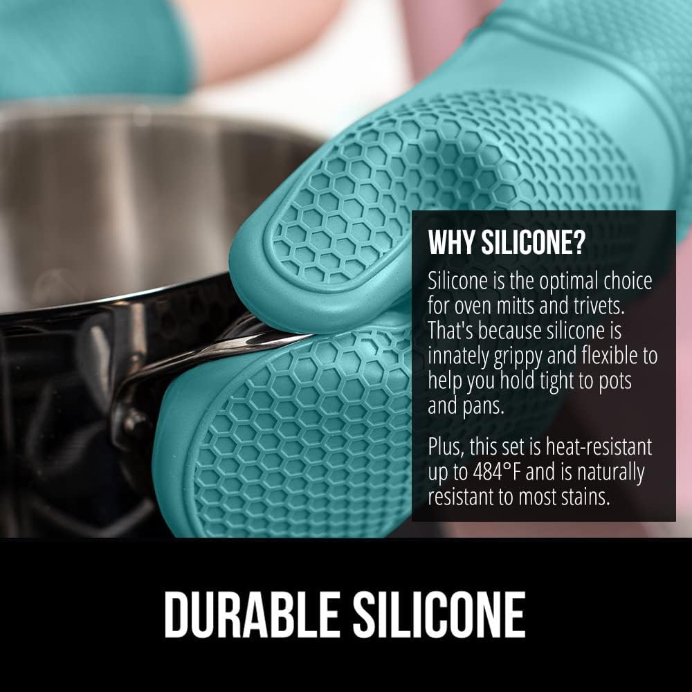 GORILLA GRIP BPA-Free Soft Silicone Oven Mitts and Pot Holders Sets, Heat Resistant Waterproof Cooking Gloves, Thick Cotton Lining, Flexible Gripping for Baking Grilling, Kitchen Trivets, Turquoise