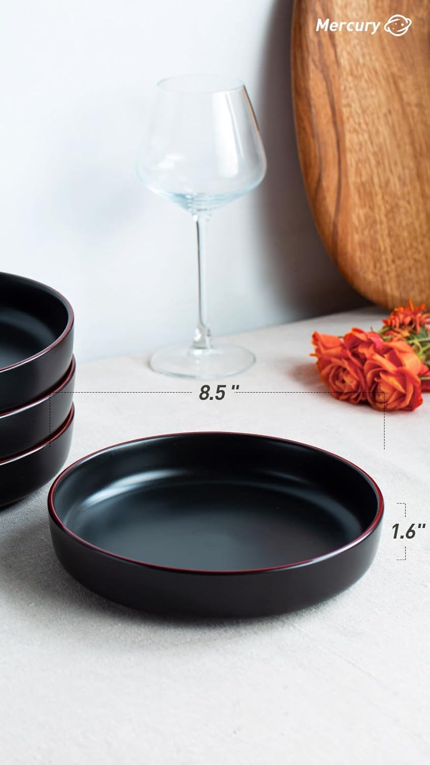famiware Mercury Pasta Bowls Set of 4, 33 oz Large Salad Bowls, Ceramic Pasta Plates Bowls, Serving Bowls for Kitchen, Microwave & Dishwasher Safe, Black