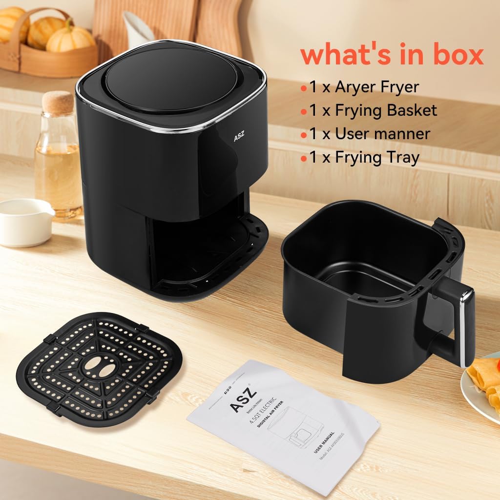 ASZ Digital Air Fryer 4.5qt with Window - Small Airfryer 8 Presets Bake Toast Broil Reheat Bacon - Black 400°F Airfryer 85% Oil Less,Nonstick Dishwasher-Safe Parts, Automatic Shutoff, Kitchen Gift
