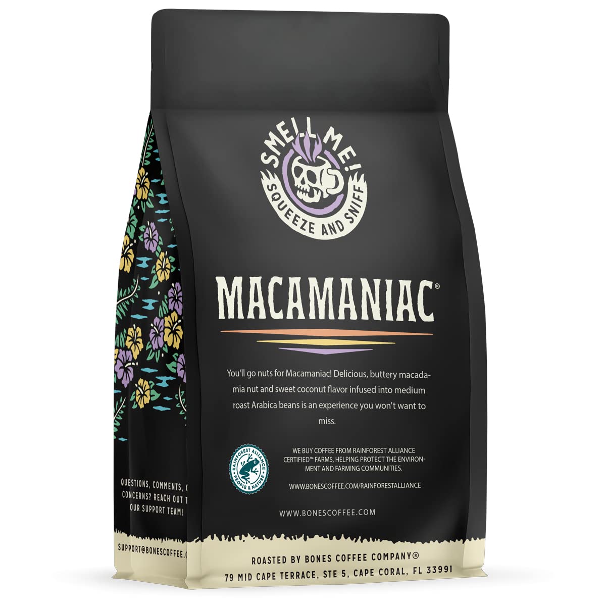 Bones Coffee Company Macamaniac, Macadamia and Coconut Flavored Coffee, Medium Roast Low Acid Arabica Beans Compatible with Auto drip and French Press Coffee Maker, 12 Oz Ground